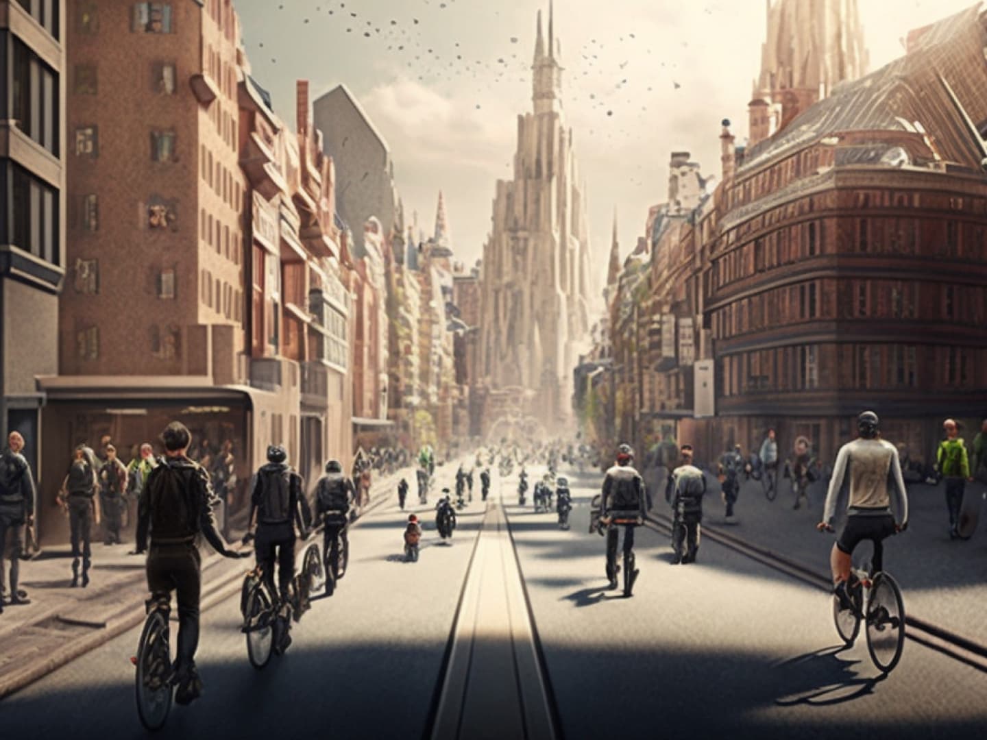 Bustling European city street with cyclists and pedestrians, historic buildings and a Gothic cathedral in the distance.